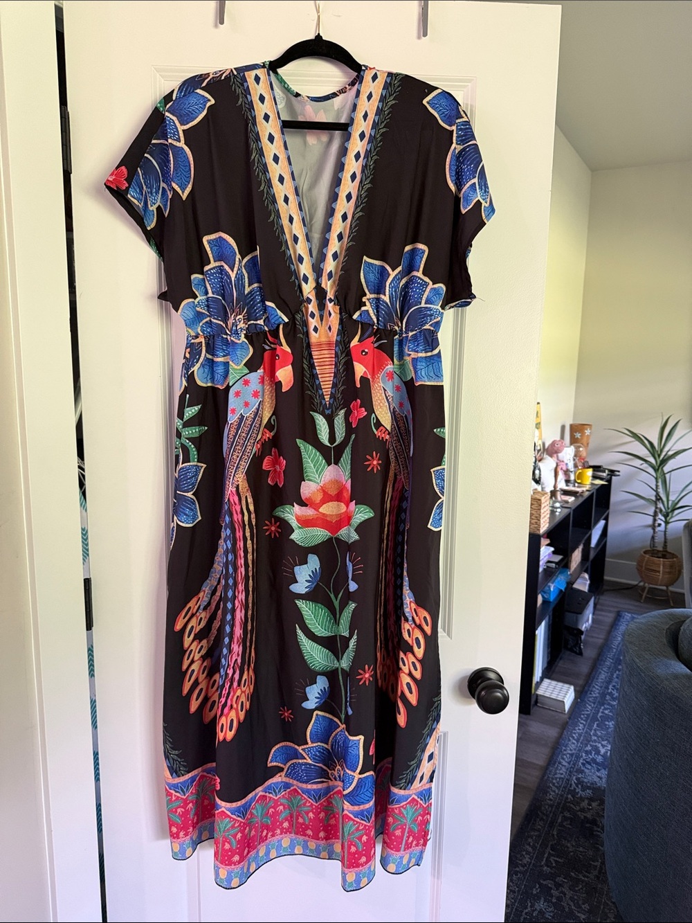 SHEIN Black Maxi Dress with Blue Floral & Multicolor Parrot Print